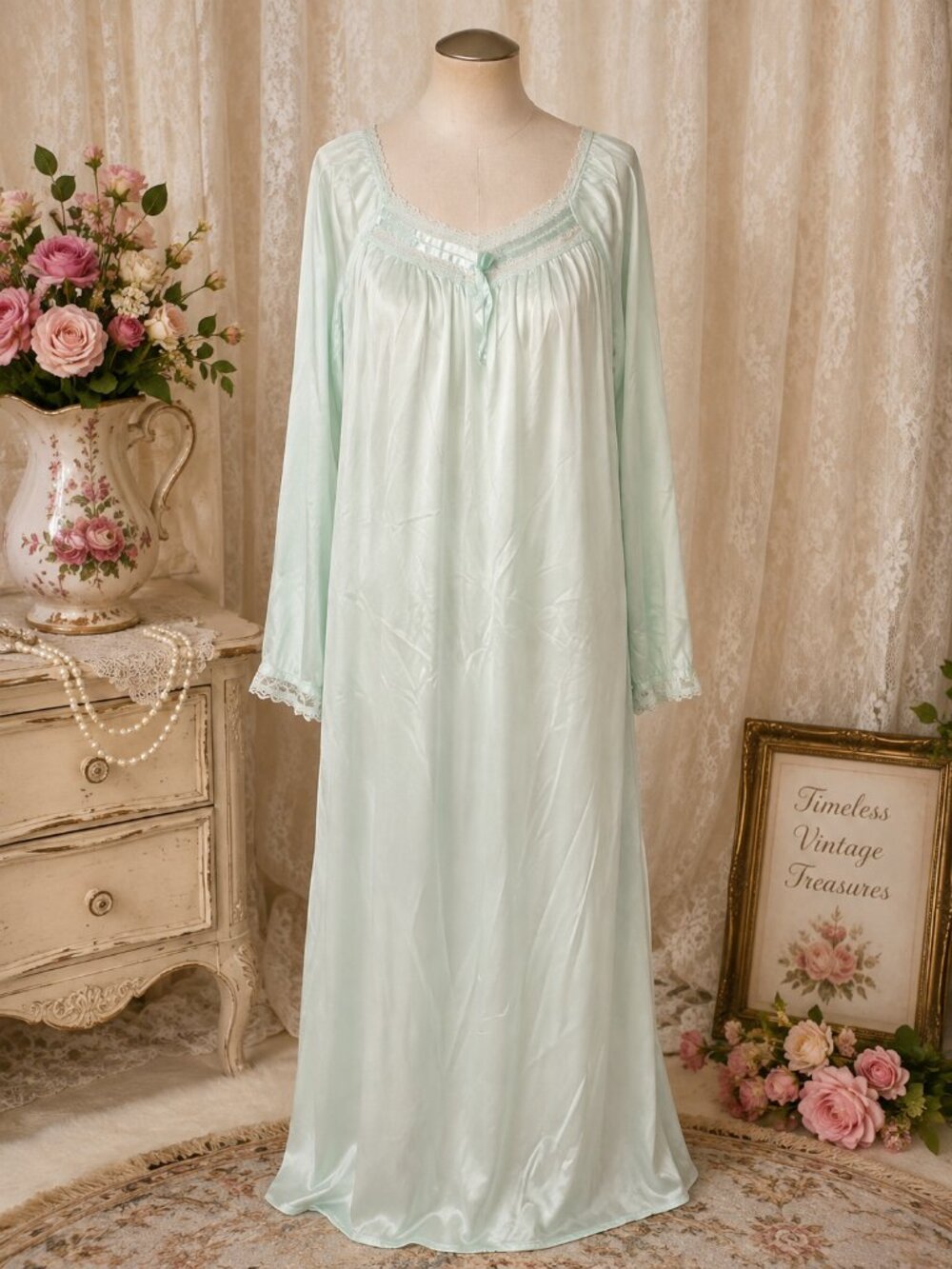 Vintage Katz Mint Green Nylon Nightgown L/XL Lace Long Sleeve Made USA